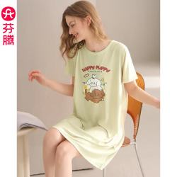 芬腾 睡裙 女士夏季薄款短袖睡衣中裙女款宽松休闲卡通可爱家居服