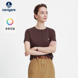 navigare 小帆船棕色圆领短袖针织衫女半袖T恤上衣