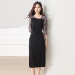 舒朗 夏季赫本风拼接连衣裙女士知性优雅长裙气质减龄显瘦七分袖裙子