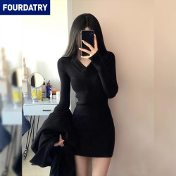 FOURDATRY 春秋季纯欲甜辣风黑色长袖短裙高级感包臀裙子