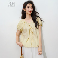 晚白 冰丝 抽绳V领 泡泡袖衬衫 女