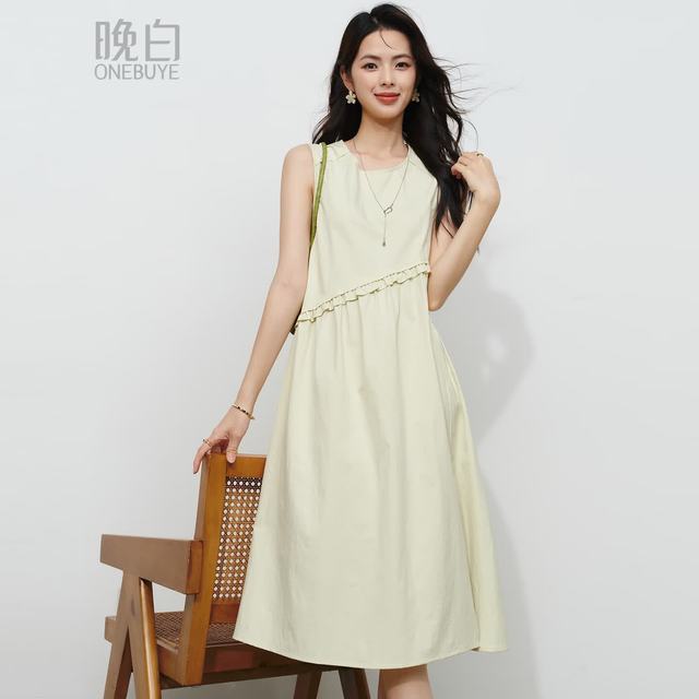 晚白 清新腰部设计感 花边连衣裙
