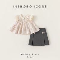 insbobo 女童衬衫短裙两件套小童韩版可爱小飞袖女童装时髦套装女孩衣服 80