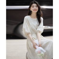 德玛纳 夏季法式轻薄宽松五分袖抽绳中长女式连衣裙