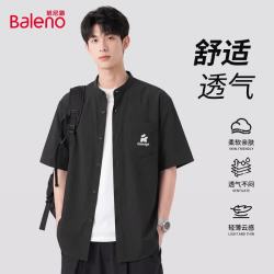 班尼路 日系复古亨利领短袖衬  -黑#JPB矩形K  多色可选