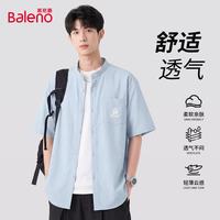 班尼路 日系复古亨利领短袖衬衫 蓝 JPB矩形K 多色可选