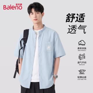 班尼路 日系复古亨利领短袖衬衫 蓝 JPB矩形K 多色可选