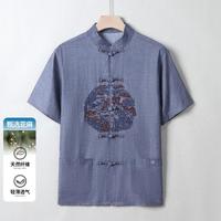 罗蒙 男士中国风亚麻短袖唐装衬衫