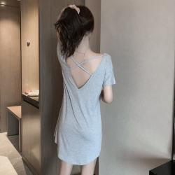GEEZORO 睡裙女夏季韩版性感睡衣女中长款短袖露肩吊带裙可外穿宽松家居服