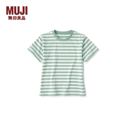無印良品 MUJI 大童 圆领条纹短袖T恤 儿童打底衫 CB1J3A4S 淡绿色条纹 110cm /56A