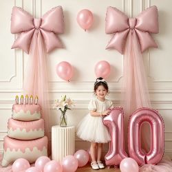 寻年味 粉蝴蝶结纱幔铝膜气球女孩十周岁生日布置氛围感生日派对拍照装饰