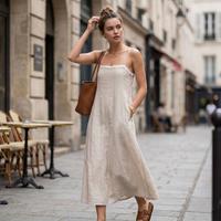 限尺码：Massimo Dutti 极简休闲清冷风含棉麻宽松舒适A字吊带连衣裙