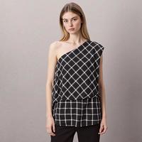 Massimo Dutti 时尚格纹 女式单侧斜肩套头衬衫