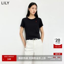 LILY 含莱赛尔复古撞色刺绣正肩黑色短袖T恤