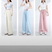 班尼路 奶芙阔腿裤女2025年夏季女装时尚舒适休闲简约透气百搭裤子 粉#纯色 M