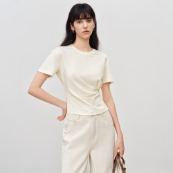自巧 小个子捏褶收腰T恤女2026夏季新款圆领短袖上衣