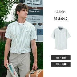 navigare [冰丝]Navigare小帆船夏季绿色条纹短袖衬衫新款男士翻领休闲衬衣