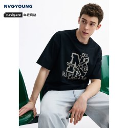 NVG·YOUNG [重磅T]NAVIGARE意大利小帆船黑色T恤短袖男上衣