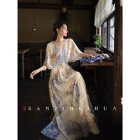 Sangji 三吉 黑花新中式连衣裙 海岛穿搭长裙 M