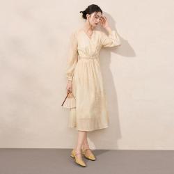 香影 新中式水墨晕染V领收腰长袖连衣裙