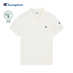 Champion 短袖POLO衫女26夏季新款纯色简约老钱风翻领T恤 米白色 M