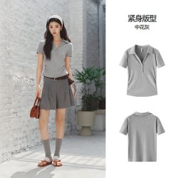 森马 POLO衫女夏季短款褶皱掐腰修身正肩凉感上衣新款百搭气质