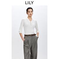 LILY 2026春新款女装莱赛尔醋酸混纺V领七分袖修身通勤白色针织衫 601白色
