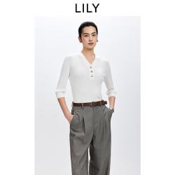 LILY 2026春新款女装莱赛尔醋酸混纺V领七分袖修身通勤白色针织衫 601白色