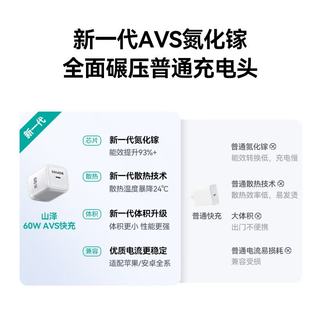 山泽 60W氮化镓快充 Type-C充电器头 适用苹果8-17/iPad/笔记本