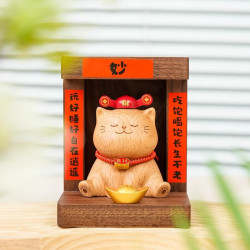 木易 猫财神招财摆件 入户玄关装饰品 办公室好物收银前台店铺开业礼物 实木招财猫财神摆件