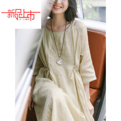 皮尔·卡丹 皮尔卡丹（pierre cardin）文艺复古重工刺绣苎麻连衣裙女春夏七分袖裙子 2XL 建议140-170斤