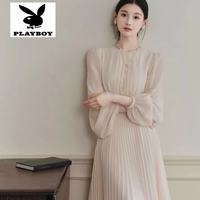 PLAYBOY 海边度假连衣裙《钢琴曲》法式复古高雅长袖收腰显瘦气质灯笼袖百 杏色 S