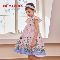 雅莹 [匹马棉]EP雅莹童装夏女童新款印花飞飞袖拼接公主裙度假连衣裙