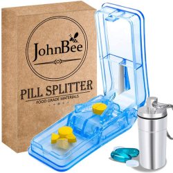 JohnBee 药片切割器 V型设计精准切药 2厘米大小药片适用 三格储药盒一体 便携防水 配钥匙扣药盒清洁刷 老人儿童宠物通用切药神器