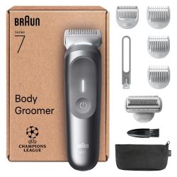 Braun 博朗 Bodygroomer 系列 7,+8 配件,带 Smartlight &amp; SkinGuard,100 分钟电池,温和敏感区域,修剪和剃须,带敏感修剪附件,防水,BG7555,灰色