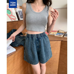 唐狮 2026夏复古风松紧腰女牛仔短裤
