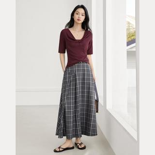对白 扭结V领含亚麻正肩短袖T恤女