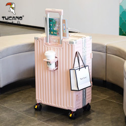 啄木鸟 行李箱铝框拉杆箱加厚耐用可登机旅行箱藕粉色(水杯架+USB+侧挂钩） 20英寸 刹车减震轮