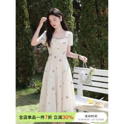 鹿向南 温柔风杏色连衣裙女夏季新款法式短袖显瘦裙子 杏色短袖 连衣裙