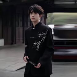 嘉晔 JIAYE）新中式西装外套男小众设计感中国风西服感立领上衣垫肩中山装 黑色 L