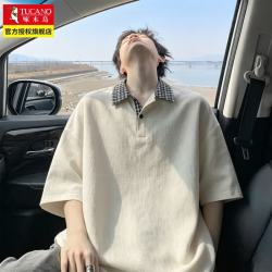 啄木鸟 千鸟格POLO衫短袖男夏季薄款透气上衣呼吸感半袖正肩t恤 杏色 M 建议95-115斤