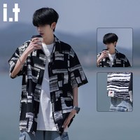 :CHOCOOLATE it冰丝薄款花衬衫男士夏季潮牌宽松休闲短袖衬衣服 黑色    4XL