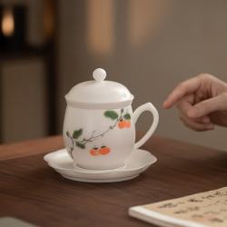 苏氏陶瓷 茶杯 冰种玉瓷素烧手绘柿柿如意办公杯 300ml 白色