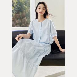 DUIBAI 2025夏装独特镂空刺绣贴袋高级感气质女式短袖圆领衬衫