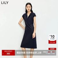 LILY 含莱赛尔羊毛假两件条纹收腰藏青色短袖连衣裙