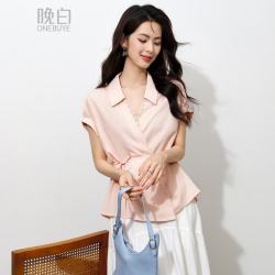晚白 温柔冰丝 系带收腰衬衫  粉色  M 女