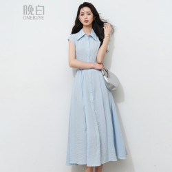 晚白 冰丝棉小飞袖显瘦衬衫连衣裙 女