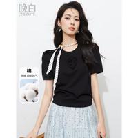 晚白 超显瘦 黑色棉T恤 女