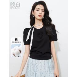 晚白 超显瘦 黑色棉T恤 女