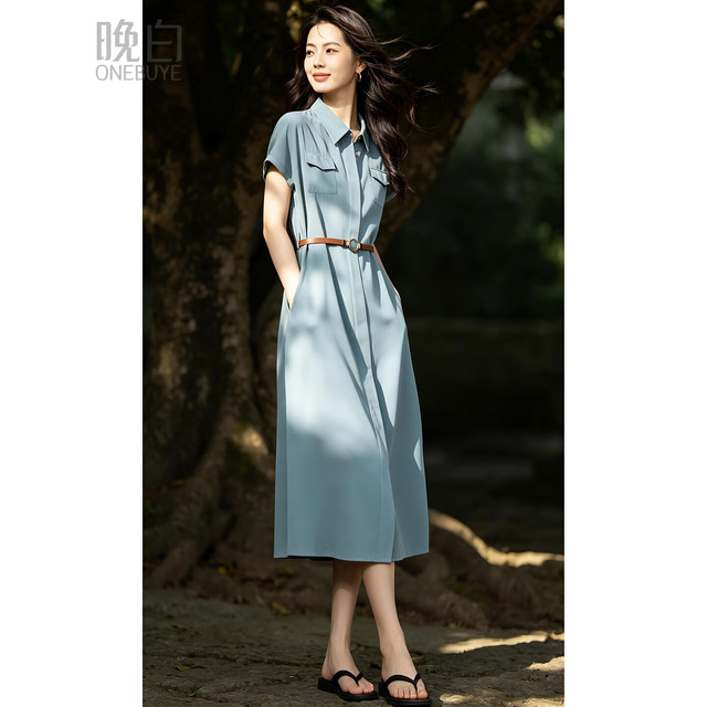PLUS会员：晚白 法式衬衫连衣裙  蓝色